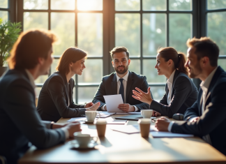 L’histoire du comité d’entreprise de la GMF Groupe de collaborateurs en réunion dans un bureau lumineux