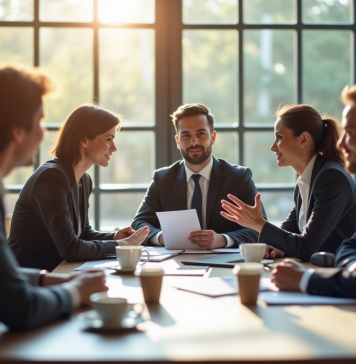 Groupe de collaborateurs en réunion dans un bureau lumineux