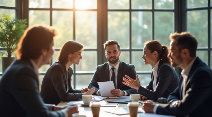 Groupe de collaborateurs en réunion dans un bureau lumineux
