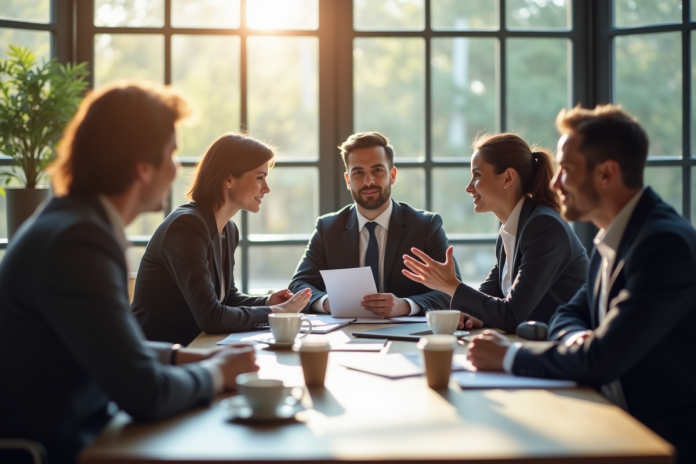 Groupe de collaborateurs en réunion dans un bureau lumineux