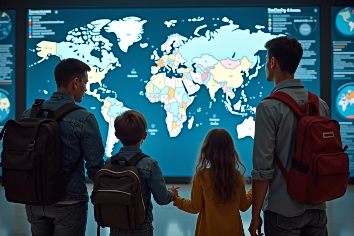 Groupe divers autour d'une carte interactive au musée