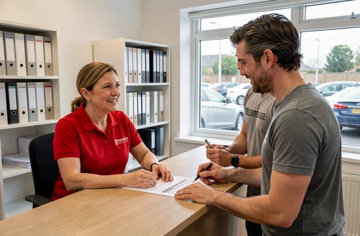 Conseillère de Hendre Services en discussion avec un couple consultant un devis de déménagement dans un bureau