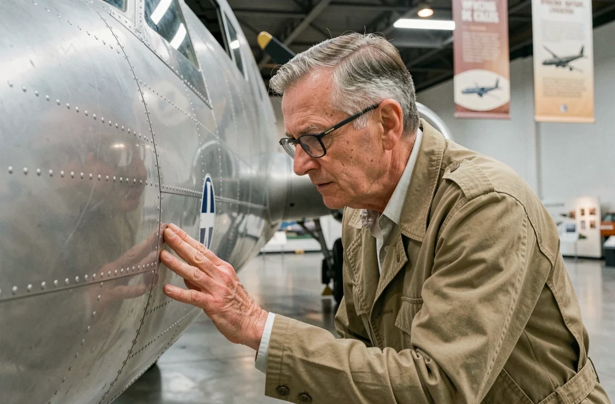 Historien de l'aviation examinant de près la structure en aluminium d'un Boeing B-17F dans un musée aéronautique