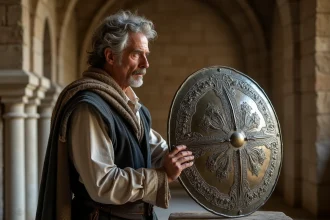 Historien étudiant un bouclier templar ancien dans une bibliothèque médiévale