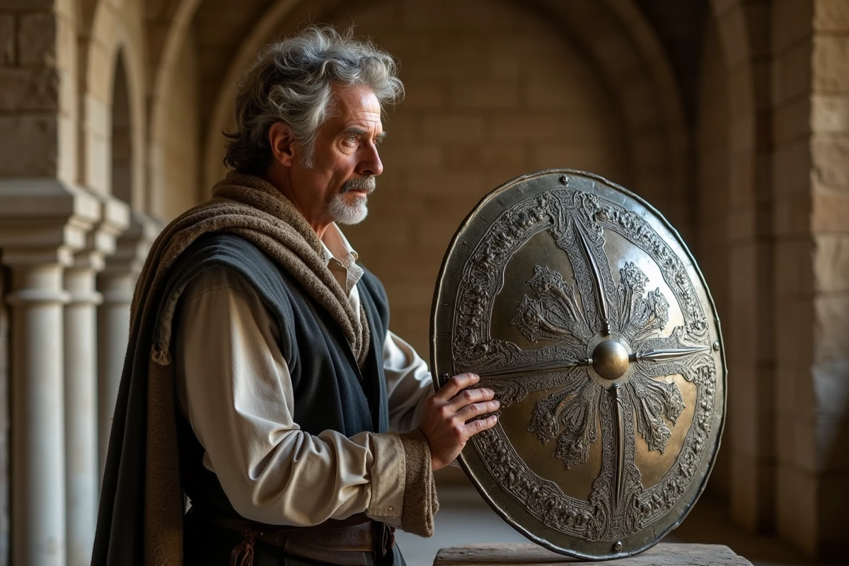 Historien étudiant un bouclier templar ancien dans une bibliothèque médiévale