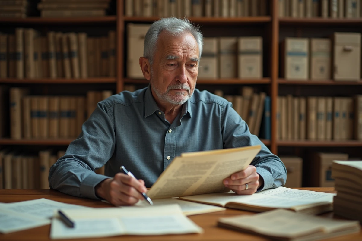 Homme âgé examine documents dans une bibliothèque
