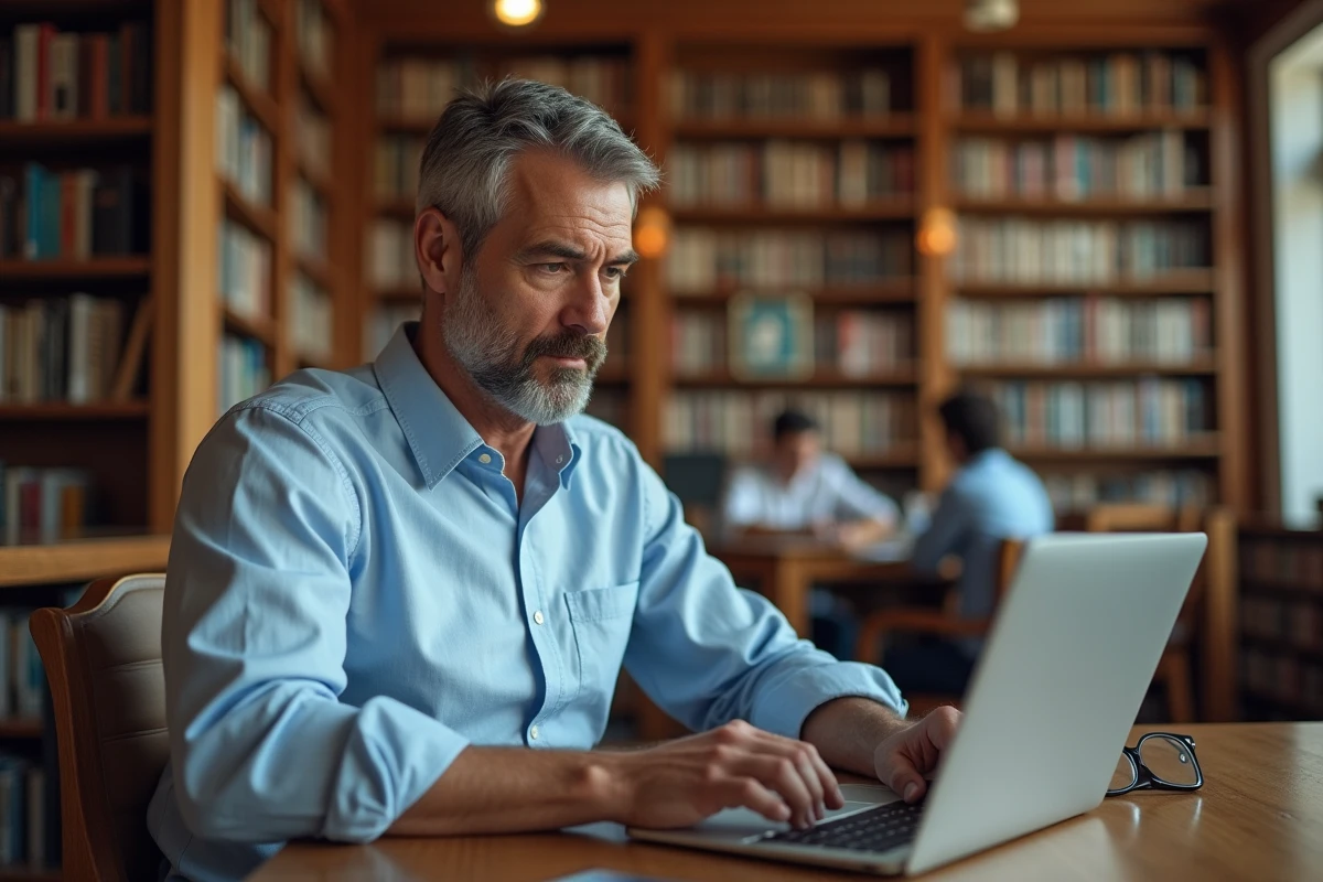 Homme consultant des romans numériques gratuits sur un ordinateur portable dans une bibliothèque publique