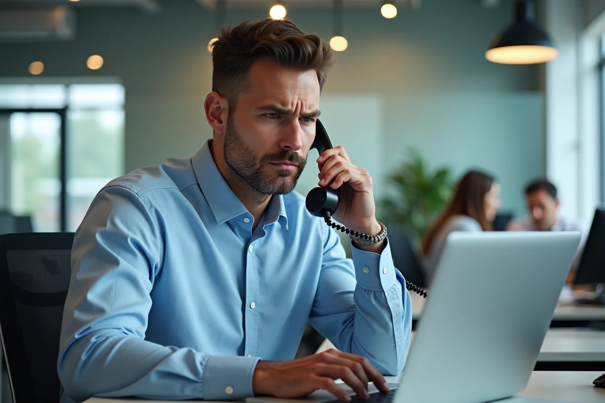 Homme au bureau répondant à un appel téléphonique suspect sur téléphone fixe tout en cherchant l'indicatif sur son ordinateur