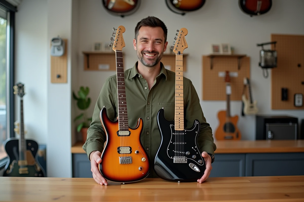 Homme comparant deux guitares électriques Atlantic dans un magasin de musique moderne