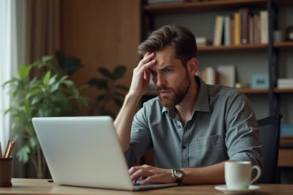 Homme frustré devant un écran d'ordinateur affichant une erreur de connexion prodouane à son bureau