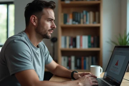 Homme frustré devant un message d'erreur de navigateur bloquant Epsilon Scan sur son ordinateur portable