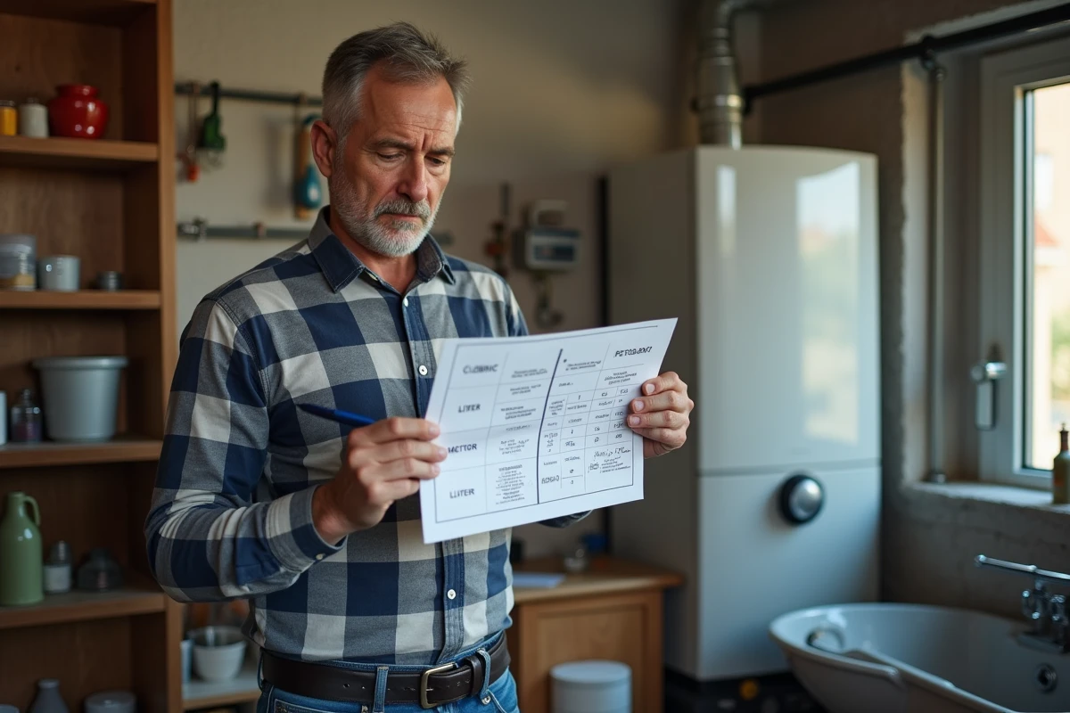 Homme lisant un tableau de conversion eau dans une buanderie