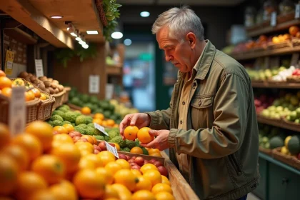 Homme d'âge moyen inspectant une orange dans une épicerie locale à Montpellier