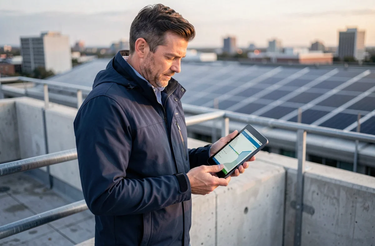 Homme professionnel consultant une plateforme de transition énergétique sur tablette devant des panneaux solaires en milieu urbain