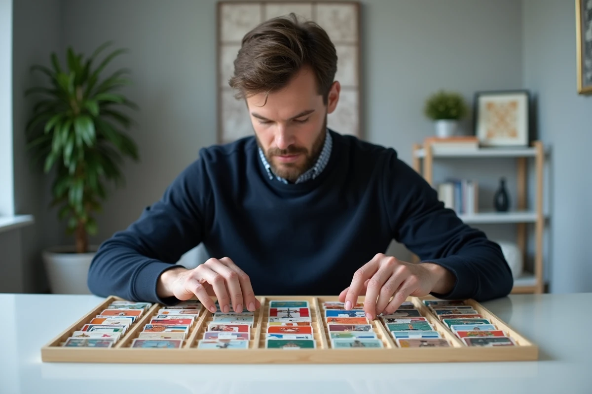 Homme rangeant des cartes téléphoniques colorées dans une vitrine de collection compartimentée
