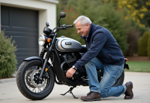 Les meilleures astuces pour entretenir votre Dax 125cc Homme ajustant la roue d'une moto Dax 125cc en extérieur