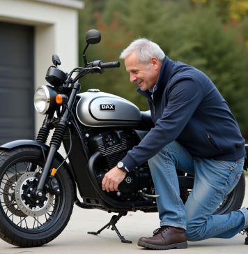 Les meilleures astuces pour entretenir votre Dax 125cc Homme ajustant la roue d'une moto Dax 125cc en extérieur