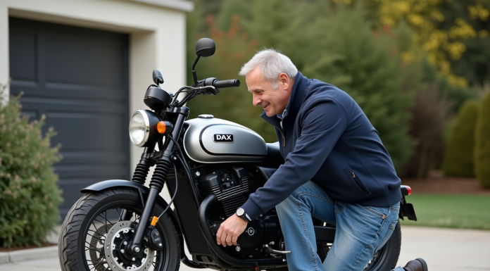 Homme ajustant la roue d'une moto Dax 125cc en extérieur