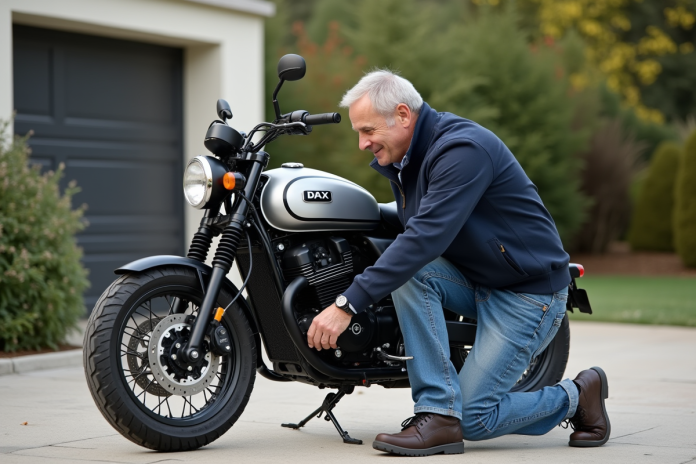 homme-repare-moto-dax-125 Homme ajustant la roue d'une moto Dax 125cc en extérieur