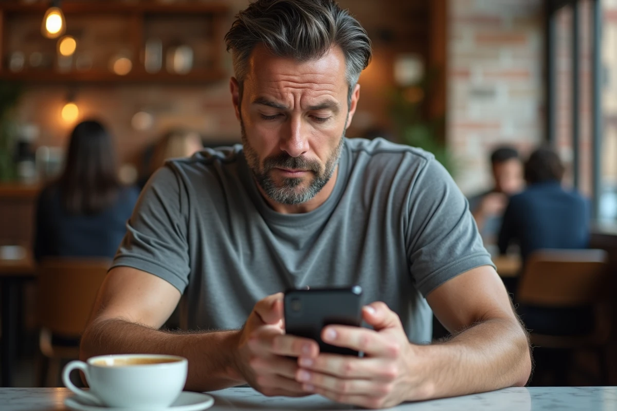 Homme consultant les résultats et retours d'expérience du quiz Archange de Leptithebdo sur son smartphone dans un café