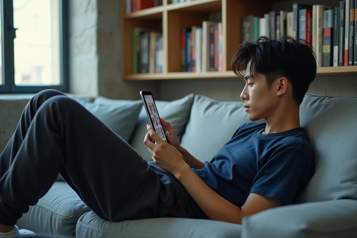 Homme lisant un scan manga en français sur une tablette numérique, allongé sur un canapé dans un appartement moderne avec une bibliothèque de mangas en arrière-plan