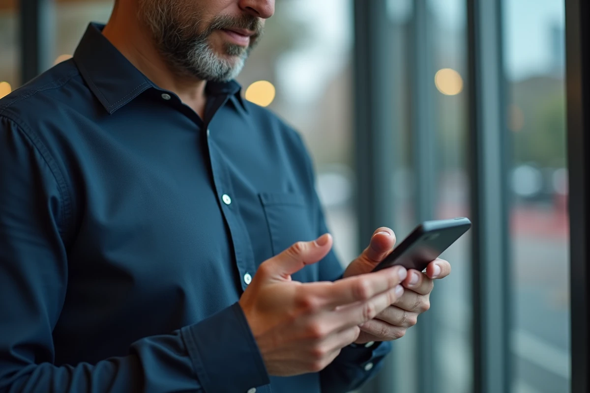 Homme consultant l'adresse officielle de Kolrag sur son smartphone en milieu urbain