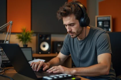 Homme en studio ajustant audio avec casque et interface