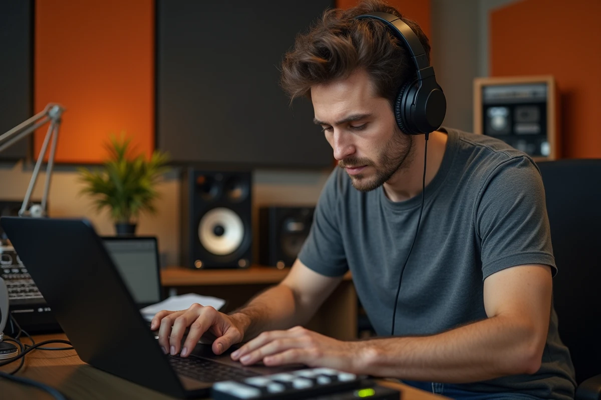 Homme en studio ajustant audio avec casque et interface