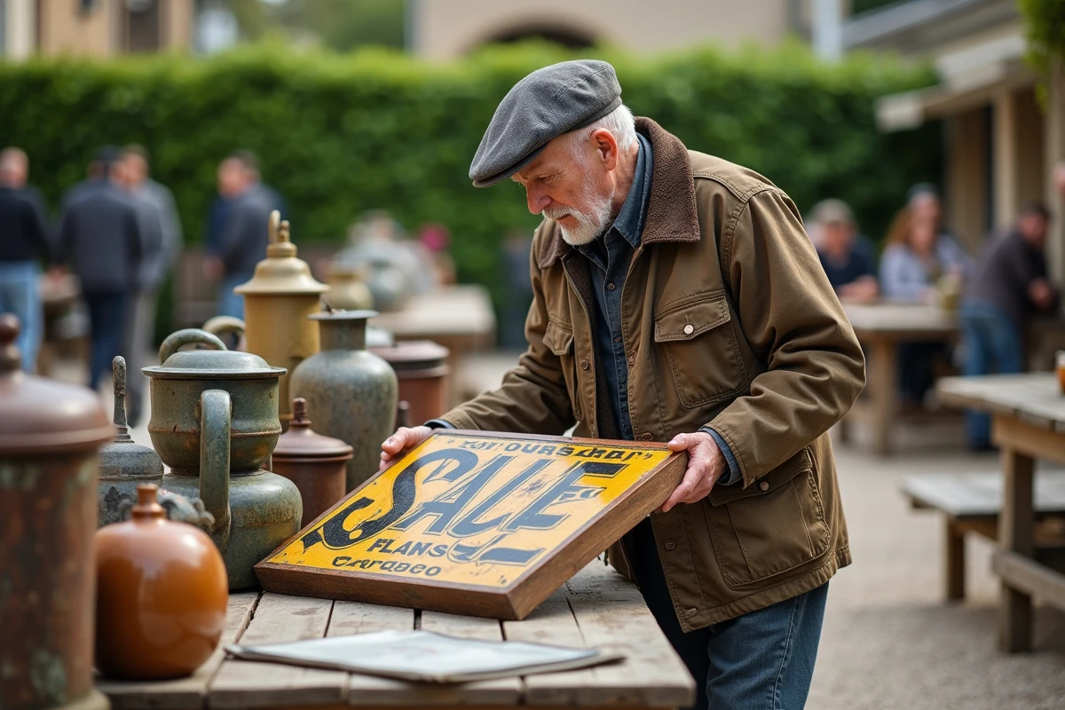 Homme âgé examinant une enseigne en email à la vente de garage