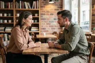 Couple complice en conversation profonde dans un café chaleureux, illustrant la connexion intellectuelle recherchée par l'homme Vierge
