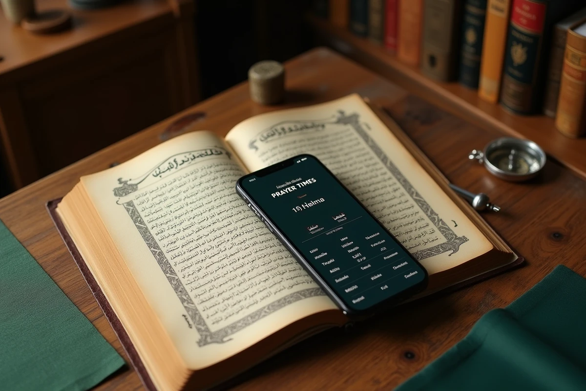 Application des horaires de prière islamique pour Reims affichée sur smartphone à côté d'un livre de jurisprudence islamique