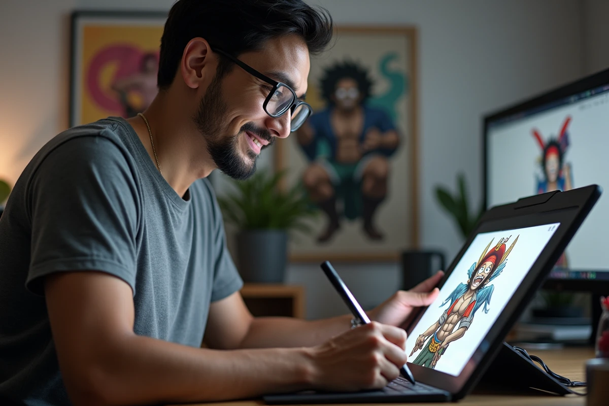 Illustrateur dessinant un personnage de One Piece inspiré du scan 1141 sur une tablette graphique dans son studio