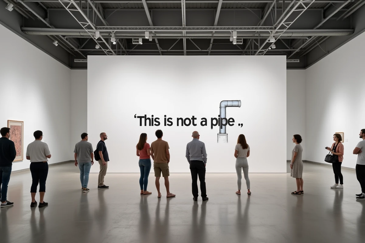 Installation artistique contemporaine sur la philosophie du langage et de la représentation dans un musée d'art moderne, visiteurs en contemplation