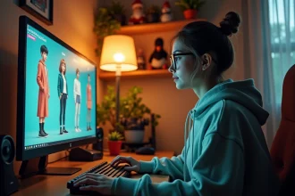 Jeune femme installant des mods pour Les Sims 4 sur son ordinateur de bureau dans un espace gaming organisé
