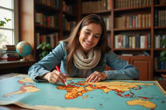 Jeune femme étudiant une carte du monde avec des capitales marquées lors d'un jeu de piste géographique éducatif