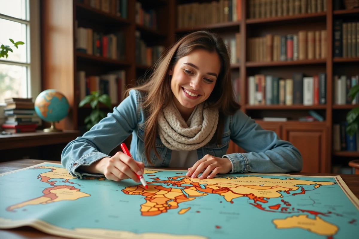 Jeune femme étudiant une carte du monde avec des capitales marquées lors d'un jeu de piste géographique éducatif