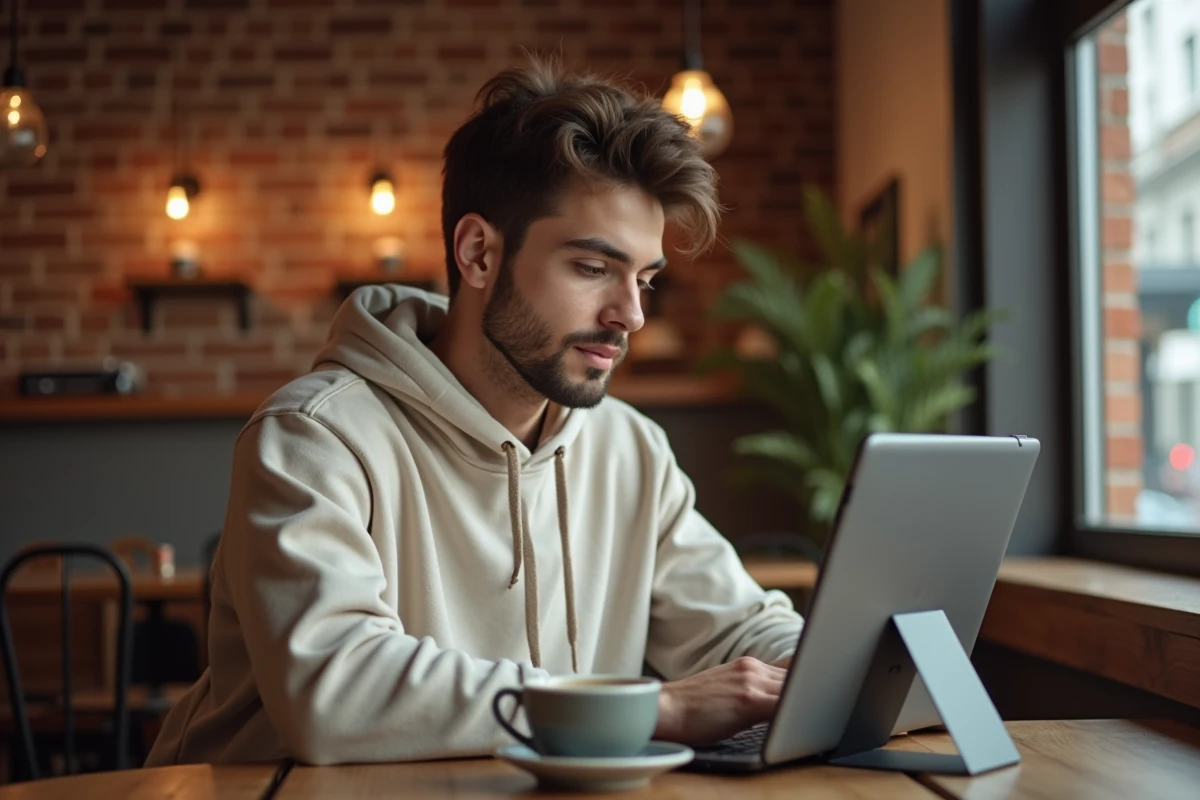 Jeune adulte utilisant une tablette dans un café pour trouver l'adresse officielle de Kolrag