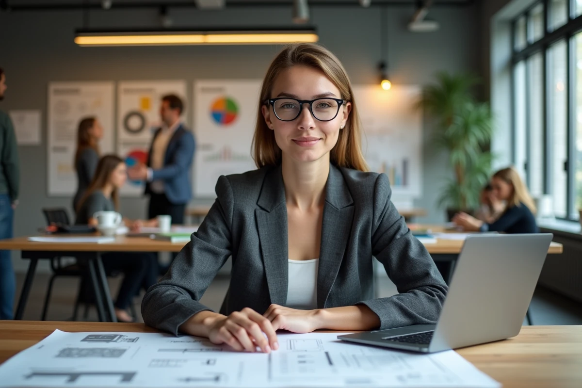 Jeune architecte au bureau avec plans et collègues