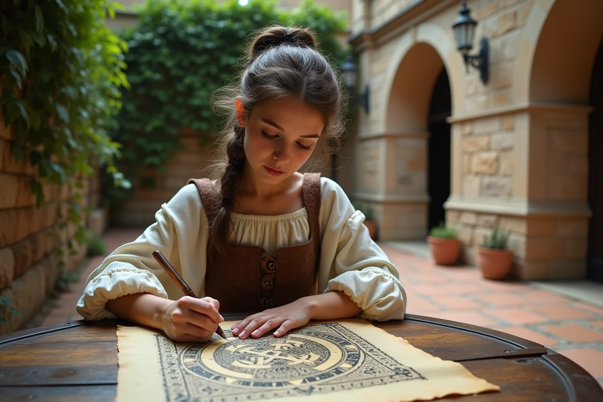 Jeune artiste dessinant un embl&egrave;me templar sur parchemin en ext&eacute;rieur