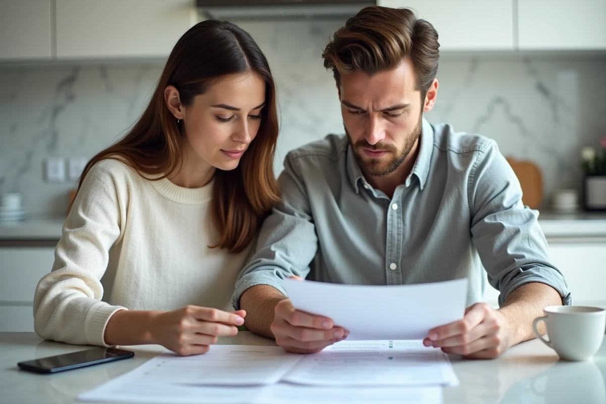 Jeune couple pr&eacute;parant ensemble un dossier notarial avec une checklist de documents &agrave; leur domicile