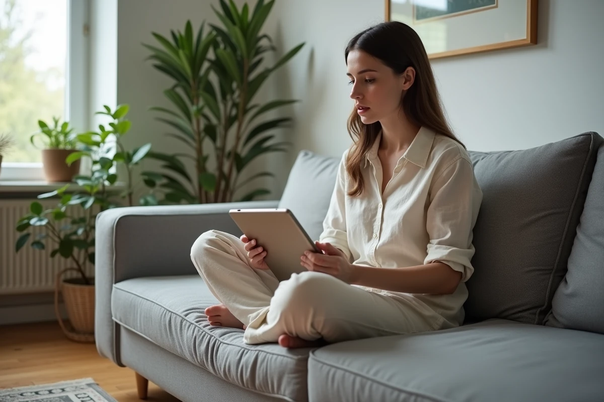 Jeune femme analysant les limites et avis du quiz Archange de Leptithebdo.net sur une tablette dans un salon moderne
