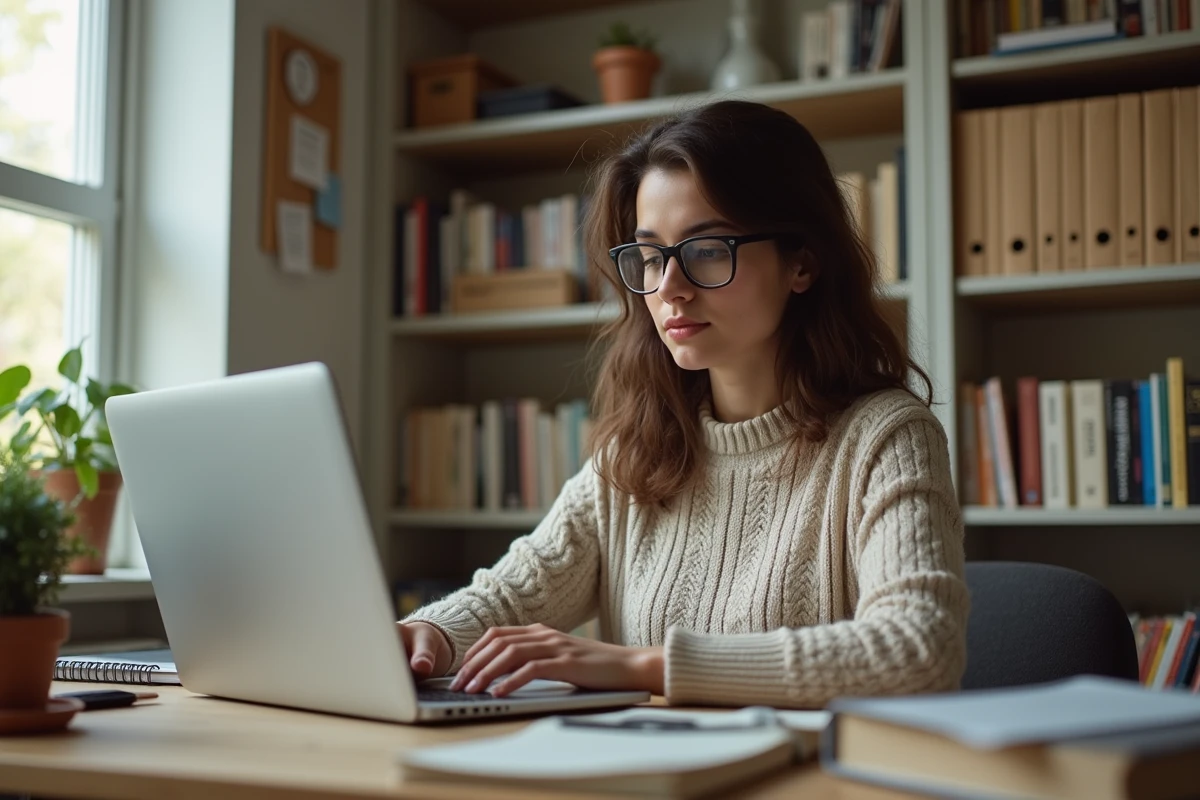 Jeune femme en bureau moderne consulte archives vintage