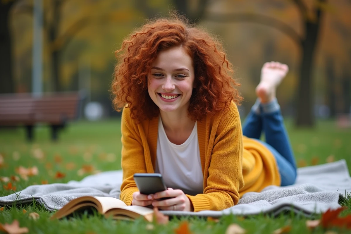 Jeune femme lisant un roman gratuit sur smartphone allongée dans un parc en automne