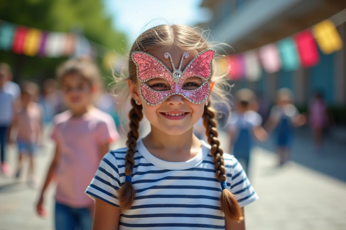 Jeune fille avec masque de carnaval dans la cour d école