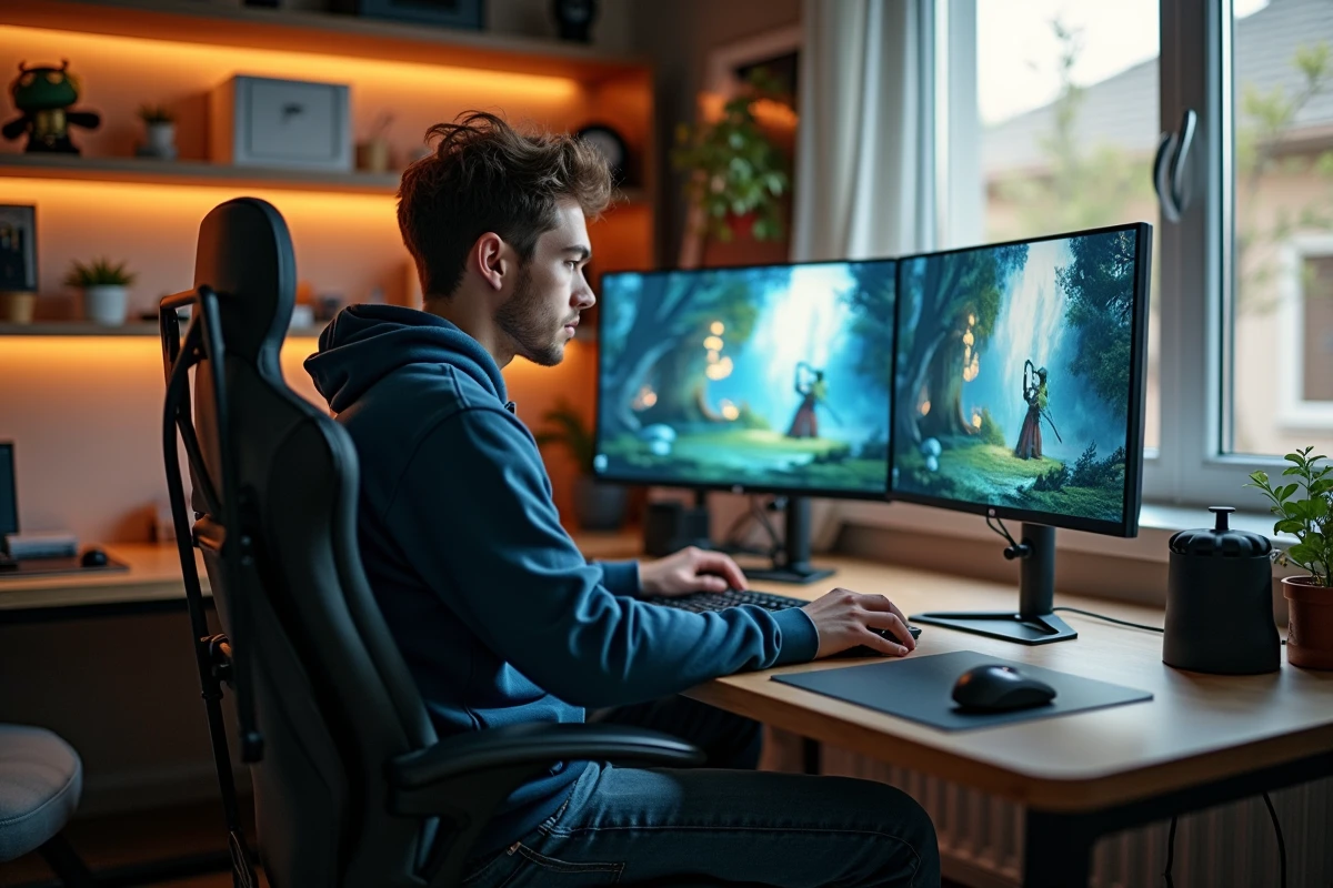 Jeune homme jouant à Dofus sur son ordinateur dans un bureau moderne