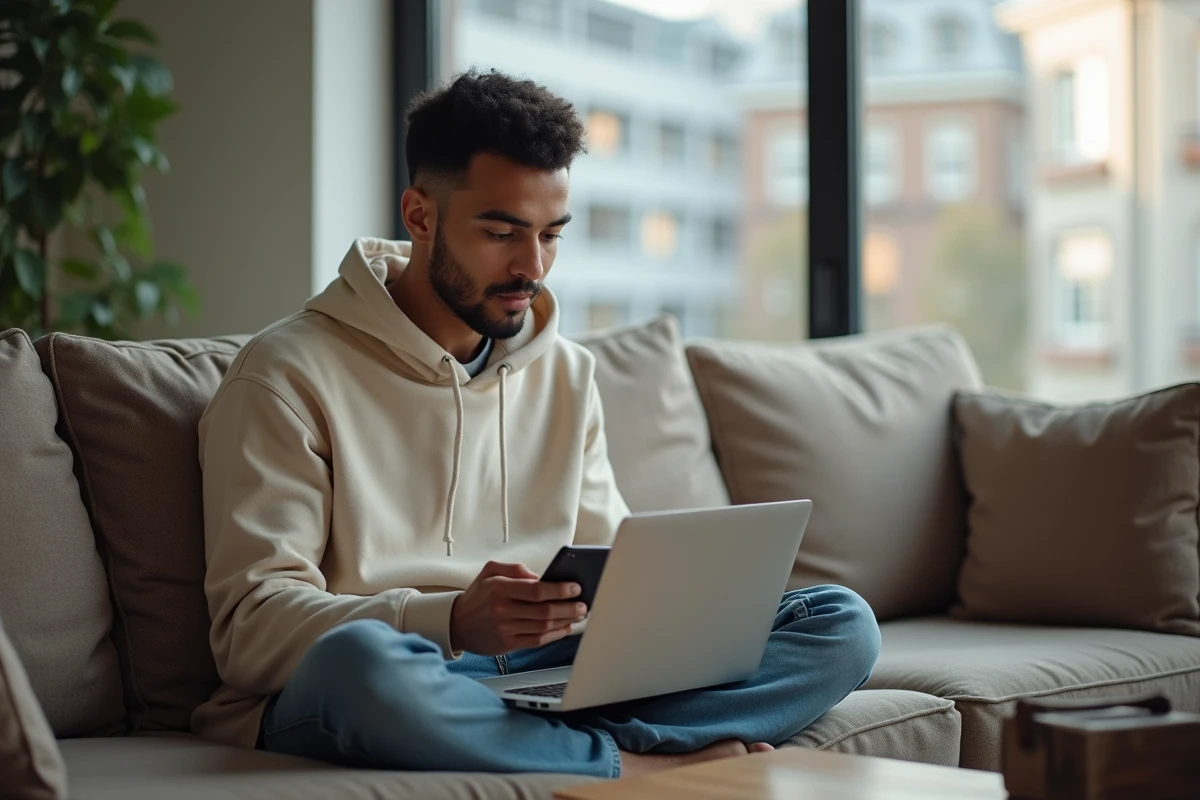 Jeune homme consultant une page d'aide pour résoudre un problème de connexion prodouane depuis son salon