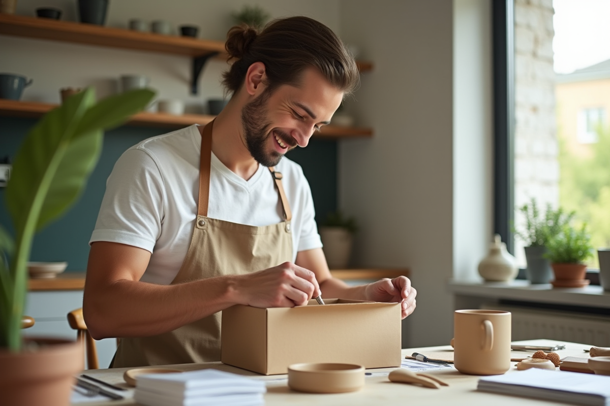 Jeune homme unboxing un kit de poterie à la maison