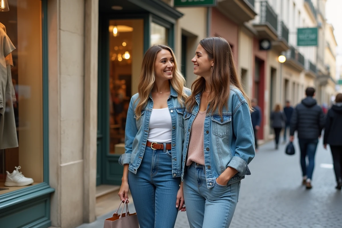 Deux jeunes femmes souriantes devant une boutique dans le centre de Montpellier