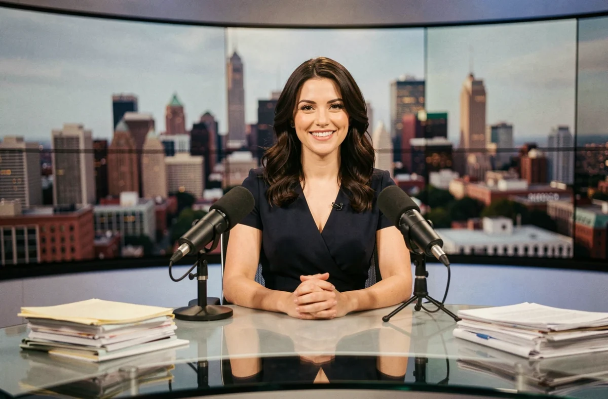 Présentatrice à un bureau de plateau télé, illustrant les moments forts de la carrière de Johanna Giglia