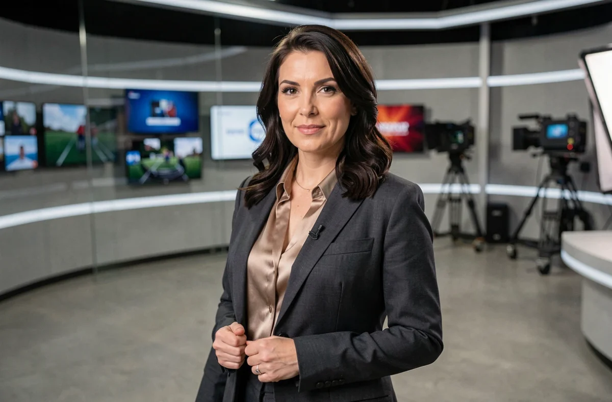Johanna Giglia dans un studio de télévision professionnel, portrait éditorial illustrant sa carrière TV